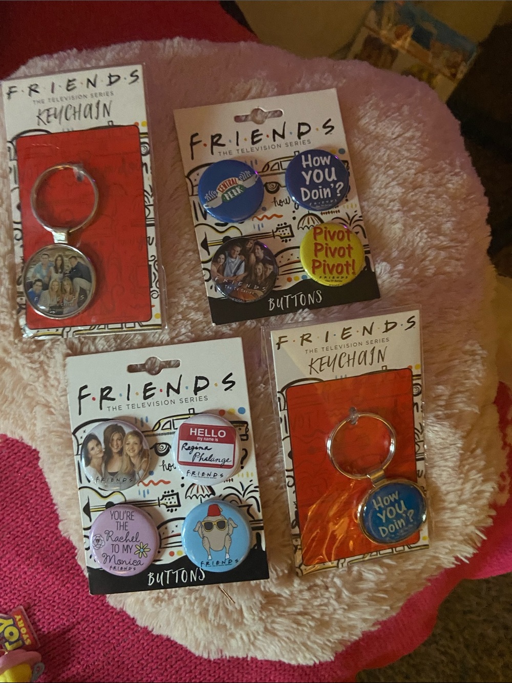 FRIENDS Enamel Buttons and Keychains in Blue, Yellow, Red, Pink